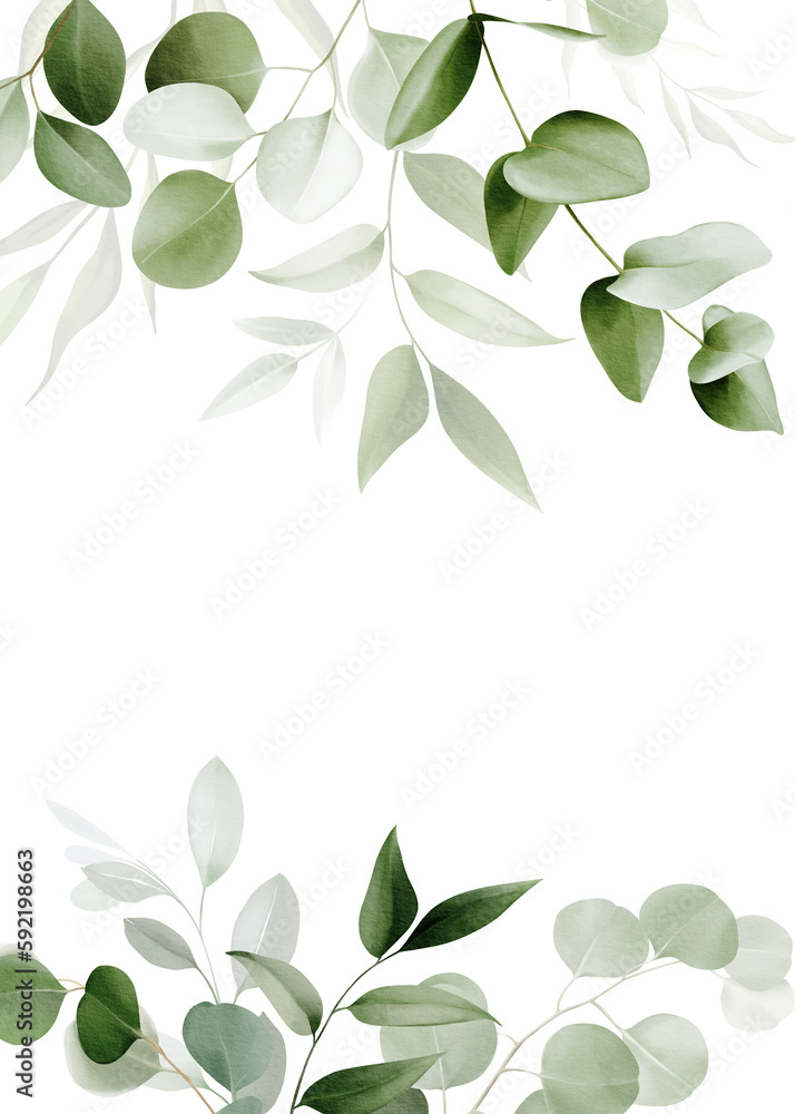 Watercolor border with bouquet of leaves and eucalyptus branch. Botanical herbal illustration. Hand painted spring composition for prints, wallpapers, postcards, greeting cards