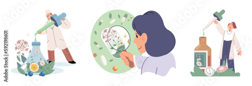 Scientist study research liquid medicine from natural herbal. Medical marijuana research. Modern and traditional medical, Alternative organic herbal drug and chemical medicine. Homeopathy healthcare