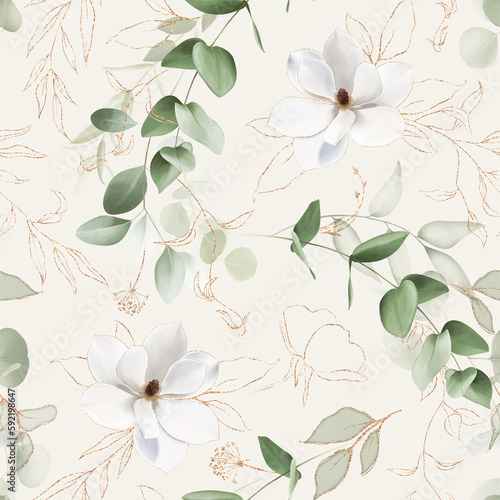 Seamless pattern with white flowers, eucalyptus branch, golden line on beige background. Watercolor botanical herbal illustration for prints, packaging, fabric, wrappers, wallpapers, postcards