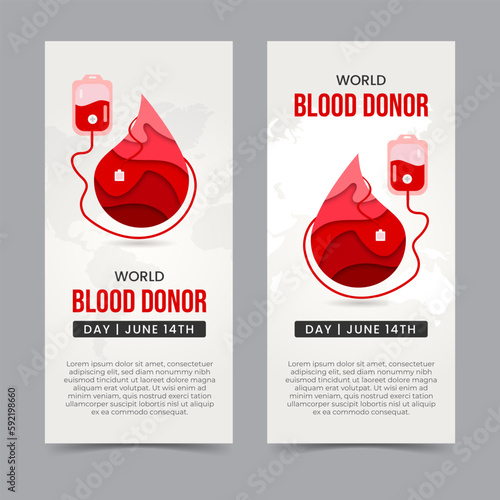 World blood donor day June 14th with blood bag and blood drop illustration vertical banner design