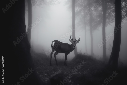 a deer in a misty forest. Created with Generative AI Technology 