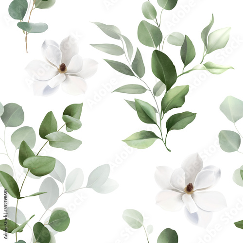Seamless pattern with white flowers, eucalyptus branch on white background. Watercolor botanical herbal illustration for prints, packaging, fabric, wrappers, wallpapers, postcards, greeting cards