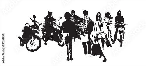 Digital illustration of motorcycle taxi base and prospective passengers. (Ojeg is an Indonesian term for an informal public transportation mode of two-wheeled motorbikes with short-distance routes)
