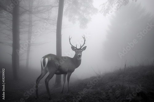 a deer in a misty forest. Created with Generative AI Technology 