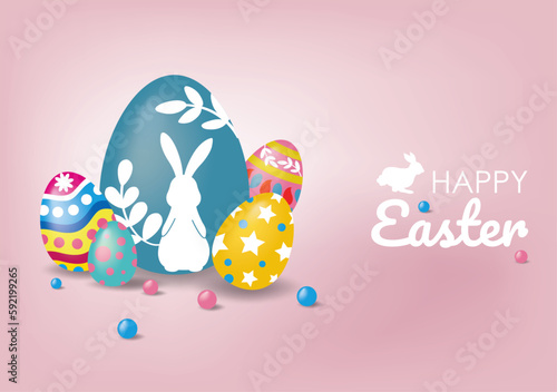 Happy Easter day banner on pink background. Concept of Easter egg hunt or egg decorating art.