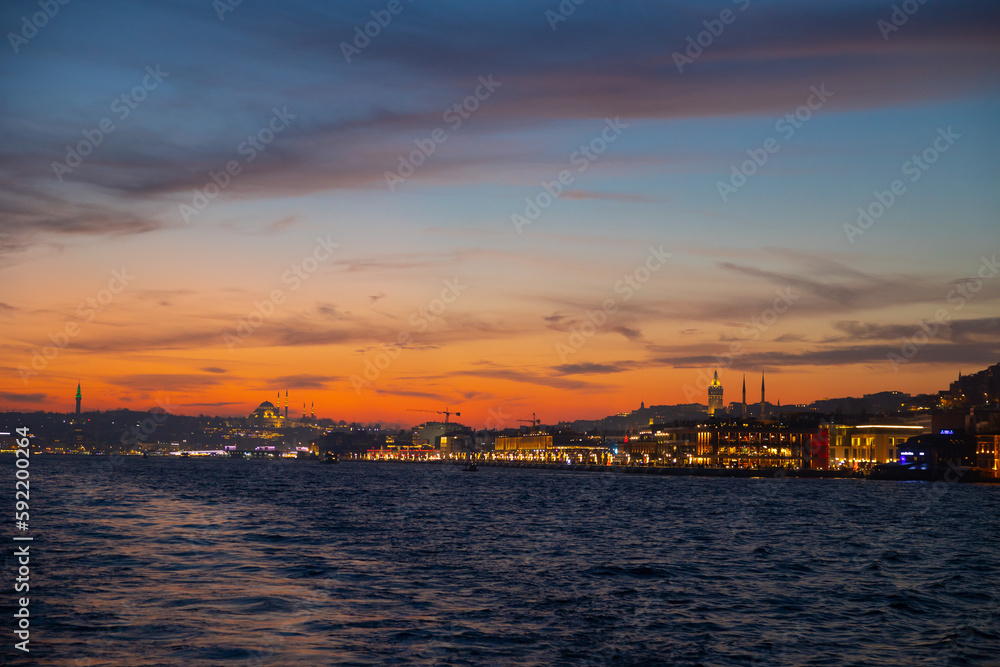 Galataport and cityscape of Istanbul at sunset