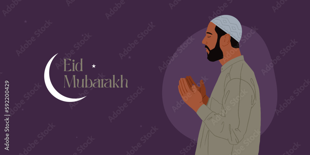 Fototapeta premium Eid Mubarak text with an Islamic holiday illustration template of a Muslim man praying salat or namaz 