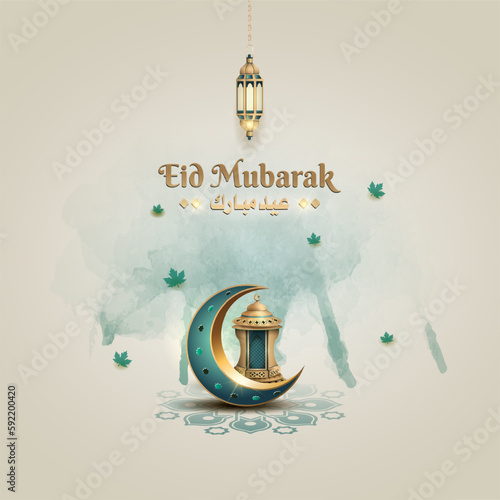 islamic greetings eid mubarak card design with crescent moon and lanterns 