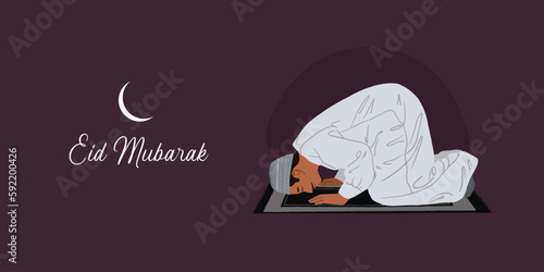 Eid Mubarak text with an Islamic holiday illustration template of a Muslim man praying salat or namaz 
