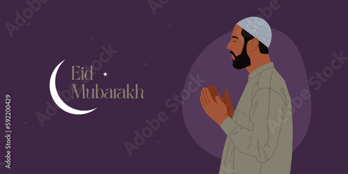 Eid Mubarak text with an Islamic holiday illustration template of a Muslim man praying salat or namaz 
