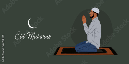 Eid Mubarak text with an Islamic holiday illustration template of a Muslim man praying salat or namaz 
