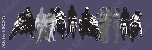 Digital illustration of ojeg base and prospective tourist passengers in Bali. (Ojeg is an Indonesian term for informal public transportation, motorbikes with short-distance routes)