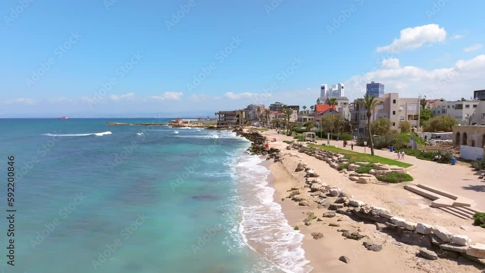 Aerial view of Bat Galim neighborhood boardwalk in Haifa coastline, Israel Aerial view of Bat Galim neighborhood boardwalk in Haifa coastline, Israel