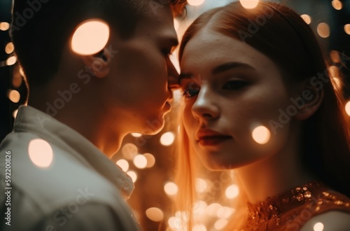 A couple in love closer to each other with magical background