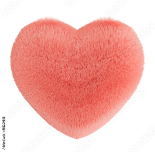 Fluffy pink 3D shape on transparent background, as png. Furry, soft and hairy heart. Trendy, cute design element. Cut out object. 3D rendering.