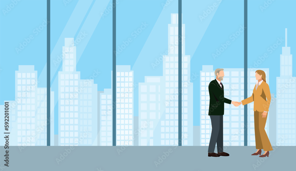 ビジネスの商談のイメージのイラスト。巨大なオフィスで握手をするビジネスマン ビジネスの商談のイメージのイラスト。巨大なオフィスで握手をするビジネスマン