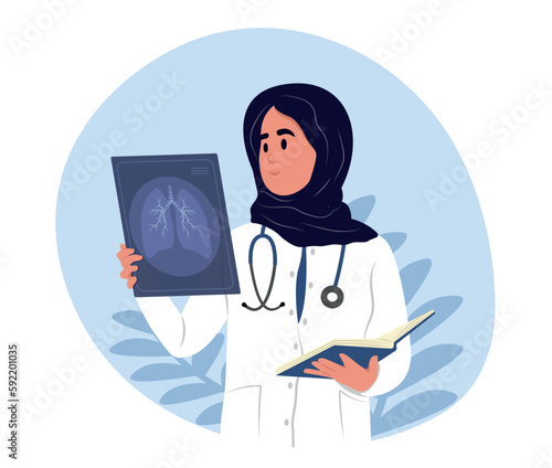 Smiling female Muslim doctor holds x-ray of lungs in hand to prevent asthma. World Asthma Day.Bronchial Asthma. Allergy, asthmatic. Inhalation drug. Bronchial asthma.