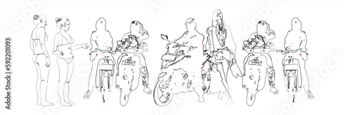 Digital illustration of ojeg base and prospective tourist passengers in Bali. (Ojeg is an Indonesian term for informal public transportation, motorbikes with short-distance routes)