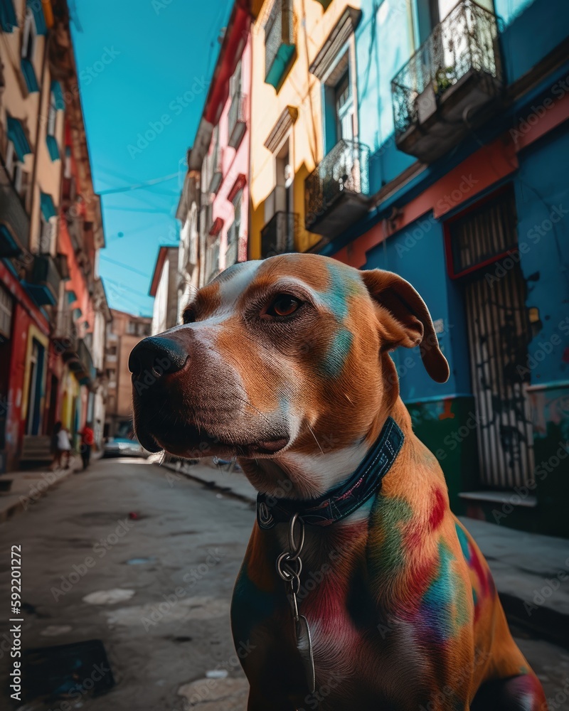 Colorful Dog Walking in City, Urban Exploration, Generative AI