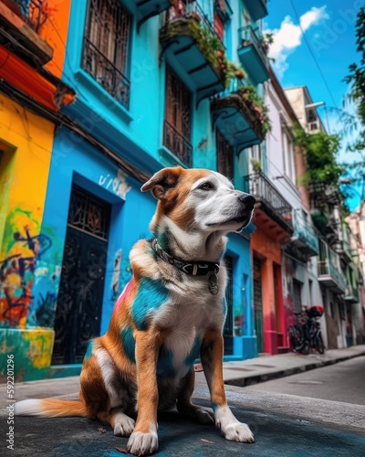 Colorful Dog Walking in City, Urban Exploration, Generative AI