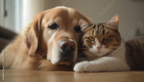 Pets cat and dog hugging together at home, animal friendship in the family. Generative AI © perfectlab