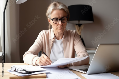Middle-Aged Female Accountant in Eyewear: Remote Work for Outsourced Bookkeeping Services, Engaged in Financial Calculations and Paperwork. Generative AI
