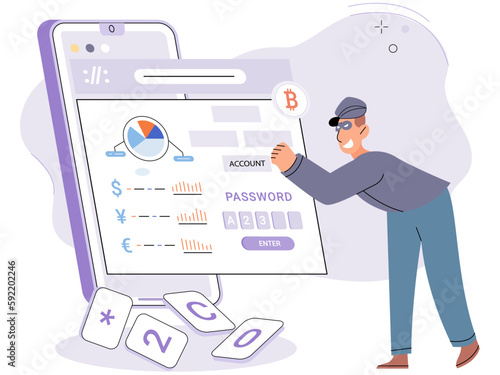 Hacker activity. Hacking computer. Phishing account, steal data, cyber attack. Stealing password. Cyber crime, theft personal information, cyber security spy access. Internet fraud scenes set metaphor