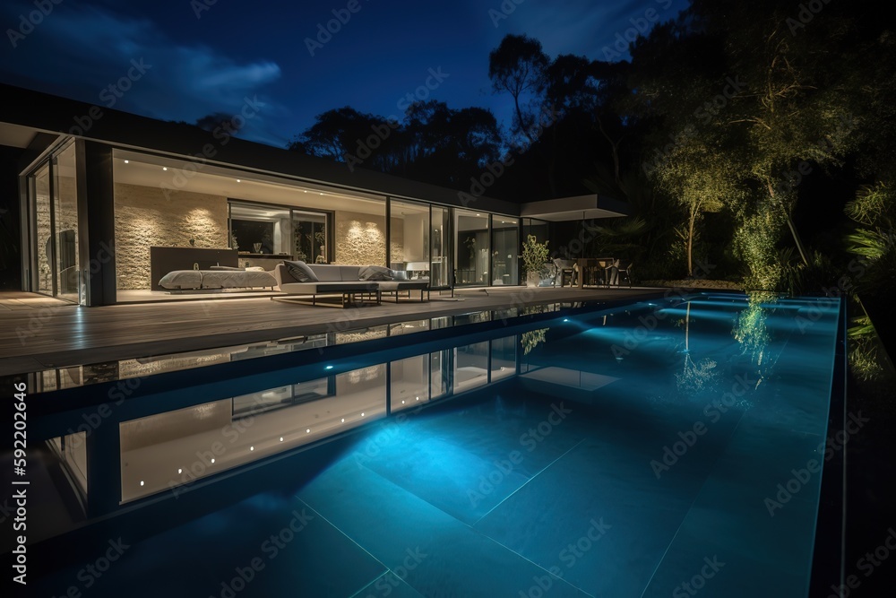 Luxury villa exterior design with beautiful infinity pool. Night scene - Generative AI