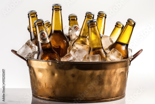 cold bottles of beer in bucket with ice on wooden table - generative AI