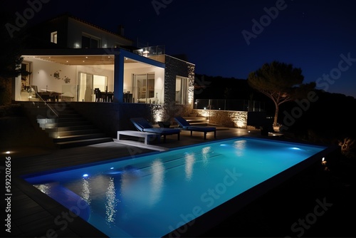 Luxury villa exterior design with beautiful infinity pool. Night scene - Generative AI © losmostachos