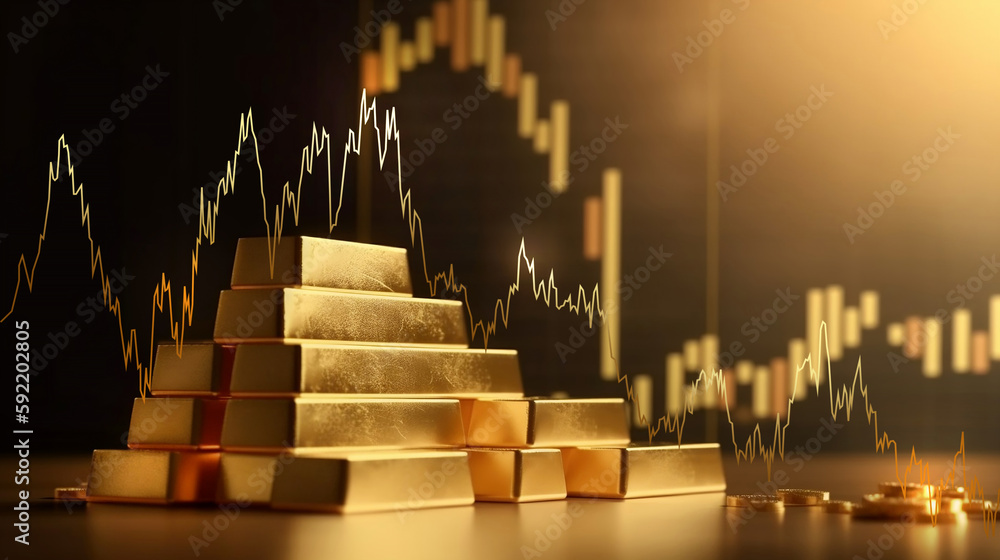 Gold bar stack and investment stock graph business concept on gold particles background with growth financial money exchange chart coin treasure. Generative AI. - obrazy, fototapety, plakaty 