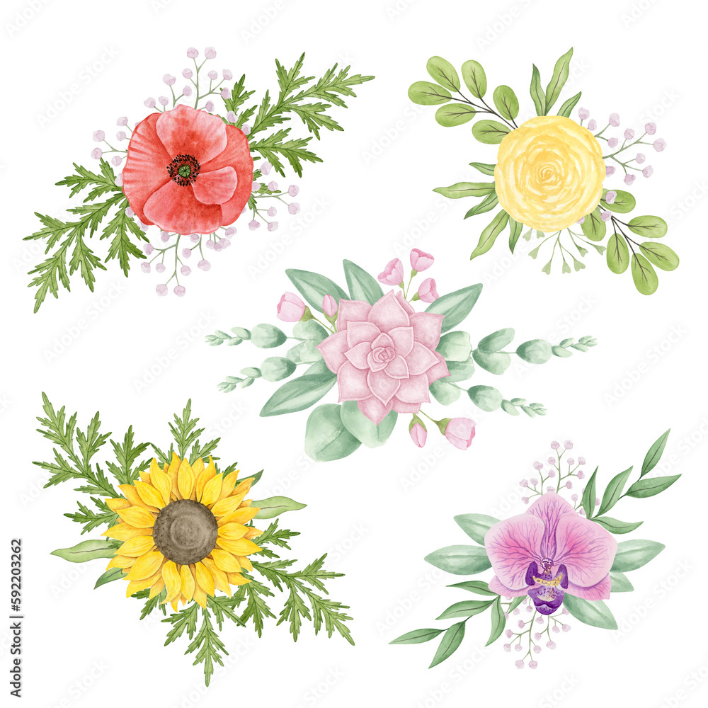 Floral arrangement for wedding in traditional, vintage and rustic style. Watercolor botanical hand drawn wedding decor illustrations. Set of wedding vintage clipart isolated on white background.