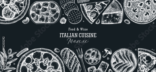 Hand drawn pizza, pasta and risotto banner on chalkboard. Italian cuisine vector background. Mediterranean food ingredients - cheese, olives, canape, tinned fish and seafood. Menu design template