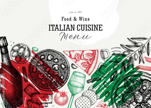 Hand drawn pizza, pasta, prosecco, risotto banner in collage style. Italian food and drinks vector background. Mediterranean cuisine ingredients illustrations. Modern restaurant menu design template.