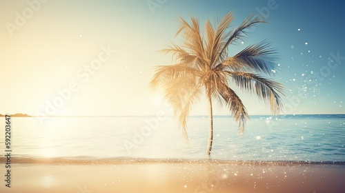 summer seascape with copy space  coconut palm tree grow in water at shore with glitter glow light  idea for summer background  Generative Ai