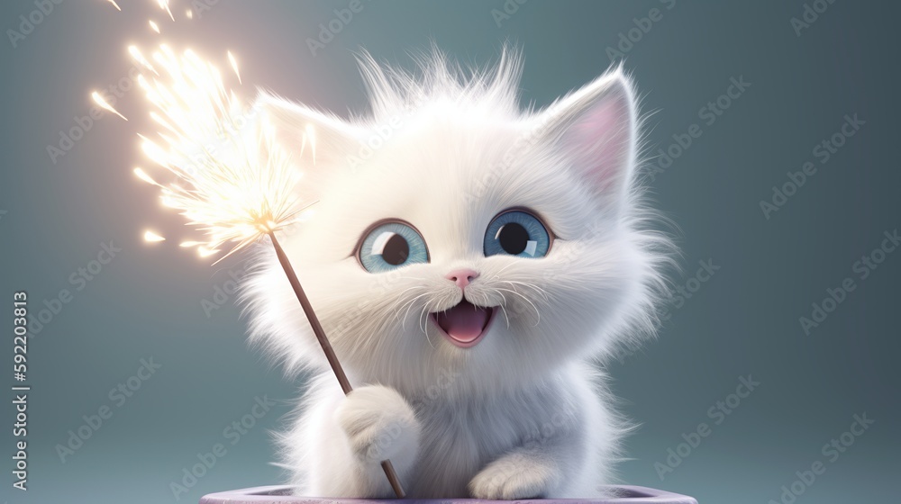 Beautiful white cute fluffy kitten, great design for any purposes. Color background. White background. Beautiful kitten. Fashion style. Color concept. Happy beautiful background.