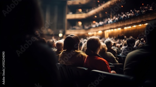Backside of blurred People or audience gathered in theatre or auditorium for watching performance of actor or listening speaker, blurred audience gathered in event or concert hall, generative ai