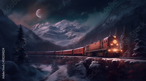 beautiful winter night with moon shine over the train, passing by winter snow peak mountain, generative Ai