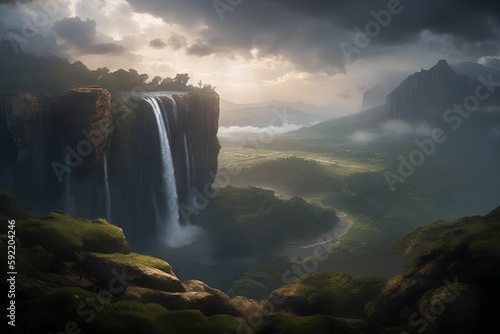 Majestic Mountain and Waterfall Landscape  Generative AI