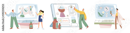 Natural herbal medication researches in laboratory. Traditional medicine concept. Scientist doctors characters make drugs of medical plants, herbal ingredients, extracts, preparing homeopathic recipes
