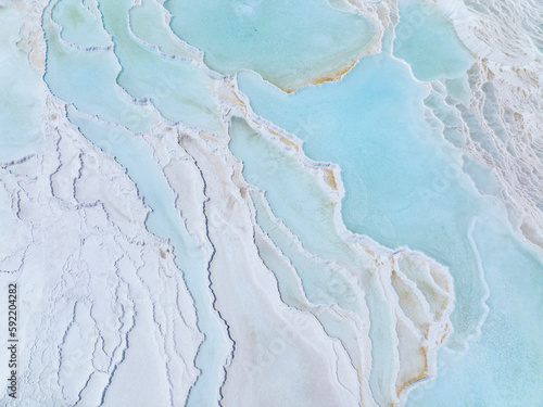 Fototapeta Naklejka Na Ścianę i Meble -  Summer Season in the Pamukkale Travertines Drone Photo, Pamukkale Denizli, Turkiye