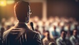 Speaker Giving Presentation in Event hall, Public speaking business background with focused speaker and blurred audience or listeners, Male speaker giving  presentation to participants in conference
