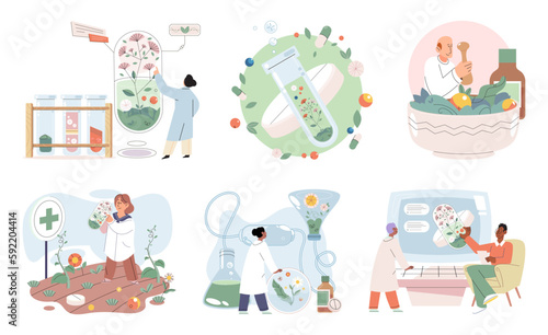 Natural herbal medication researches in laboratory. Traditional medicine concept. Scientist doctors characters make drugs of medical plants, herbal ingredients, extracts, preparing homeopathic recipes