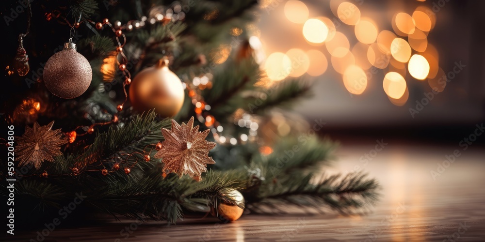 Christmas background. Decorated Christmas tree on blurred background. generative ai Christmas background. Decorated Christmas tree on blurred background. generative ai
