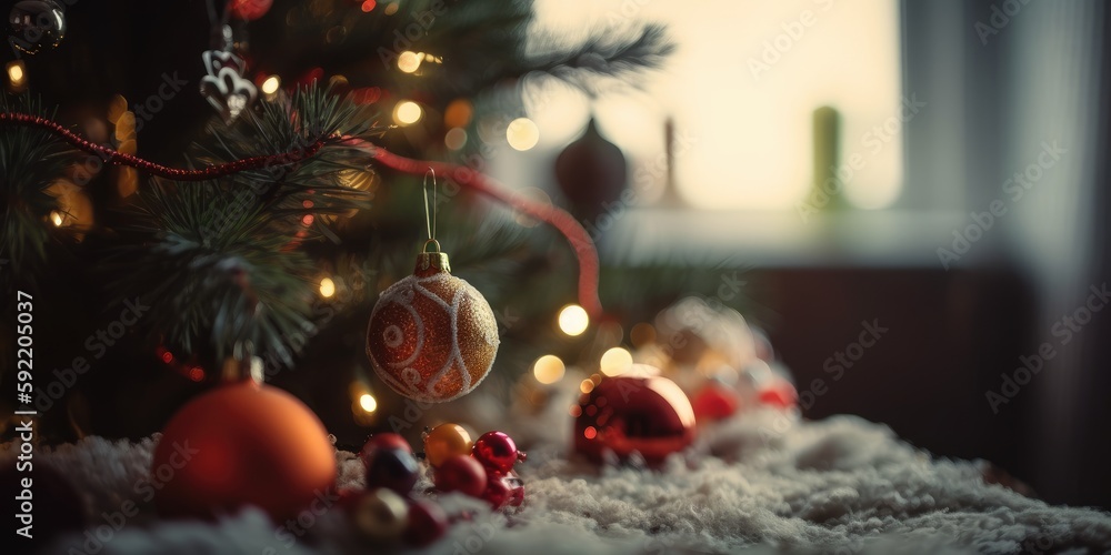 Christmas background. Decorated Christmas tree on blurred background. generative ai