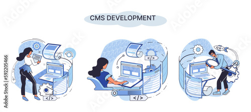 Digital content management system, CMS development software metaphor. Information system or computer program enable organize collaborative process of creating, editing and managing soft in network