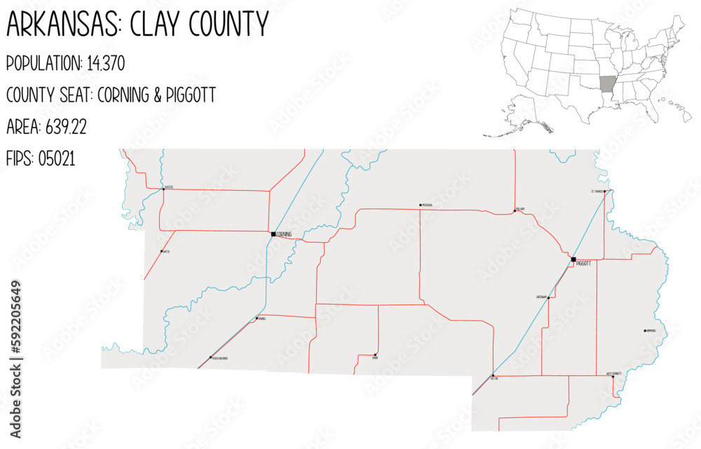 Large and detailed map of Clay County in Arkansas, USA.