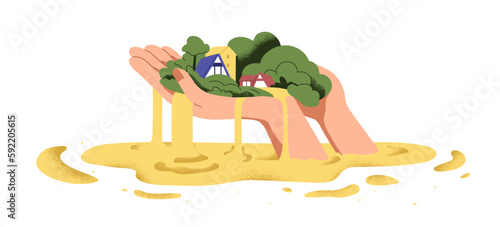 Time passing, running and life changing, transience concept. Hand with sand flowing, slipping through fingers. Changeable unstable world. Flat graphic vector illustration isolated on white background