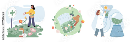 Herbal oils natural medicines. Scientist or doctor making alternative medicine herb, mortar, laboratory glassware plant in tube, flower. Doctor checking medicinal herbs. Herbal medicine. Drug research