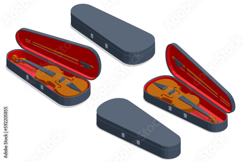 Isometric violin with fiddlestick isolated on a white background. Classical stringed musical instrument. Brown violin and bow